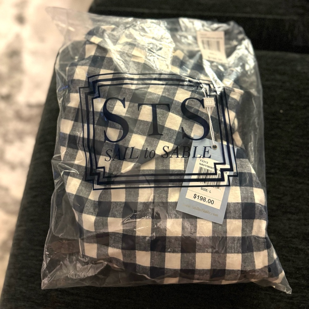 NWT Size L Sail to Sable long sleeve Navy Blue & White Gingham Dress 100… - Picture 8 of 9